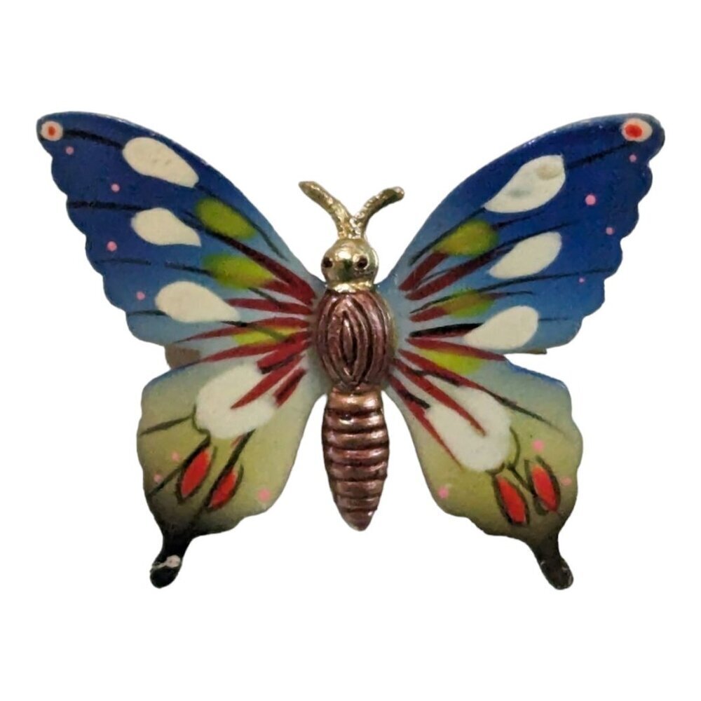 Gerrys Vintage Butterfly Brooch Enamel Gold Tone Blue Green Red‎ Insect Pin